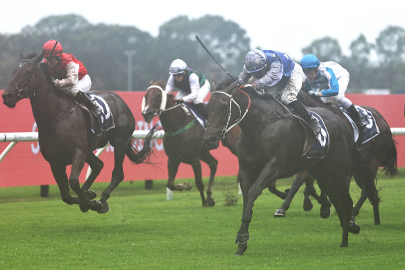 Justela, right, winning in the wet at Rosehill on December 7.
