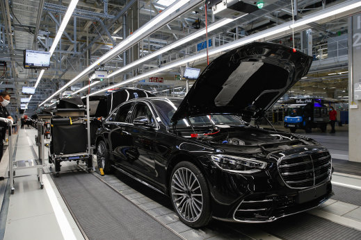 A Mercedes S-Class luxury sedan on the final assembly line. The latest iteration of the Mercedes S-Class offers for the first time a sleek all-electric sibling sold from this year. 
