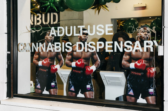 Mike Tyson cutouts at the Conbud cannabis dispensary.