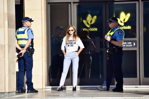 Tahlia Stolarski arrested at Disrupt the Burrup Hub protest at WA Parliament. 