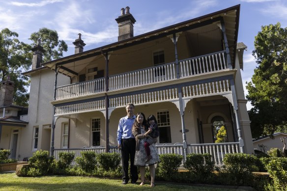 Albert and Eva Lim with their daughter Eliza at their home in Killara, which was once the home of the author Ethel Turner.
