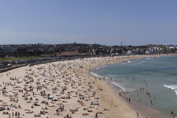 A busy Bondi Beach on the last weekend before Sydney’s lockdown ended.