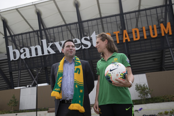 FFA chief executive James Johnson and Matildas midfielder Elise Kellond-Knight at Bankwest Stadium, before the qualifiers were thrown into chaos.