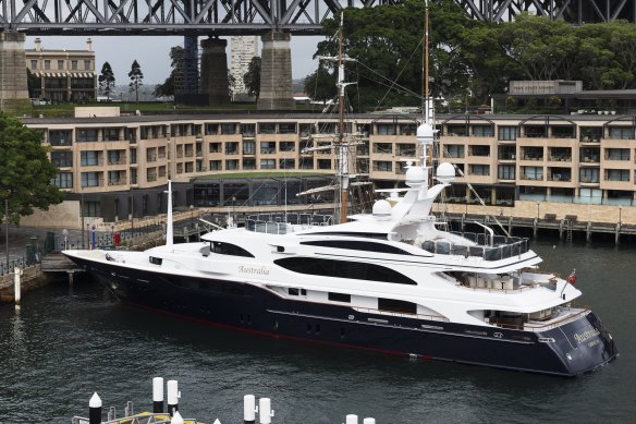 Clive Palmer’s super-yacht “Australia”, moored at Campbell’s Cove in Sydney last year.