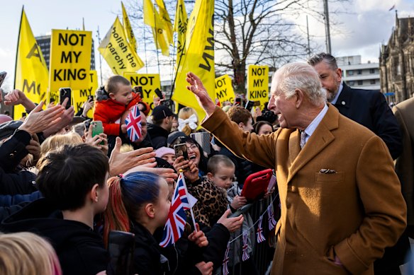 King Charles III walks along Russell Street to meet members of the public and local dignitaries as they conclude their visit in Middlesbrough, England.