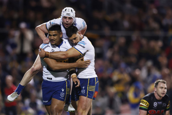 The Eels celebrate an Oregon Kaufusi try against Penrith.