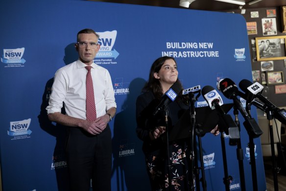 NSW Premier Dominic Perrottet, at a press conference with Liberal candidate for  Drummoyne Stephanie Di Pasqua, says it is unacceptable for health records to be leaked.