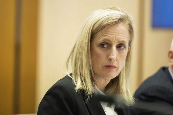 Finance Minister Katy Gallagher during a Senate estimates hearing at Parliament House in Canberra today.