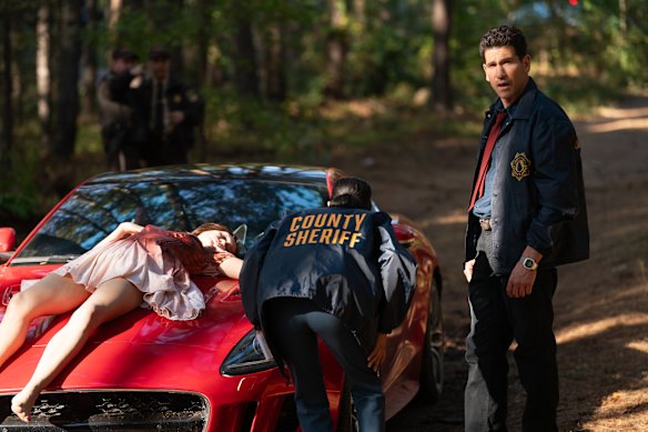 Sunita Mani as Priya and Jon Bernthal as Detective Jack Harper in His & Hers.
