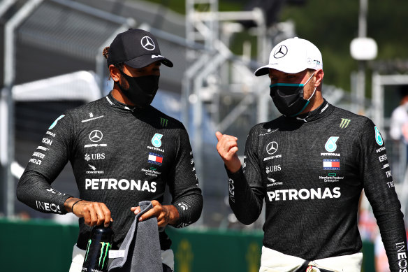 Lewis Hamilton (left) and Valtteri Bottas will start on the front row for the first F1 race of the season in Austria.