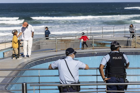 Police patrol at Bondi on 28 August, 2021.