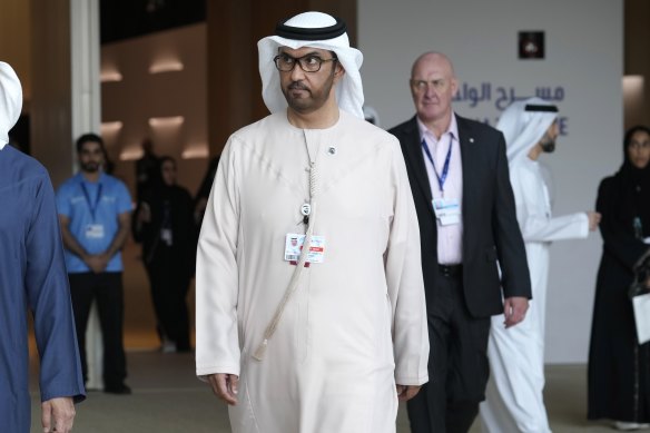 COPP28 President Sultan al-Jaber walks through Expo City ahead of the COP28 UN Climate Summit.