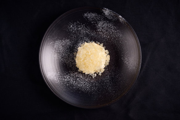 Martin Benn’s Infinity Room dessert, featuring strawberry, almond, salted white chocolate and kabosu.
