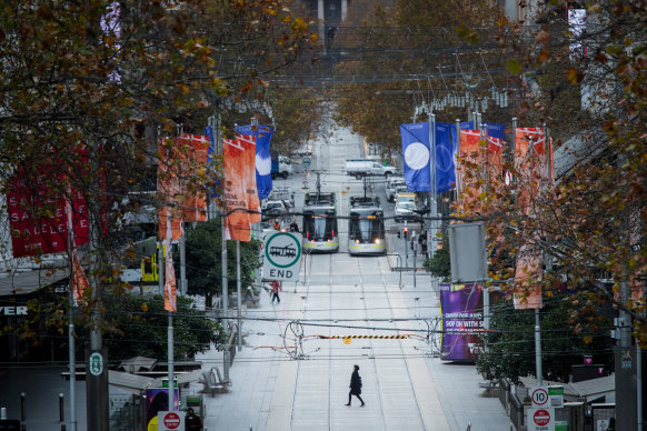 A very quiet Bourke street in the CBD on the first day of the snap lockdown. Photo by Jason South.