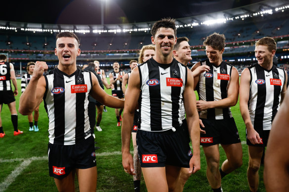 Nick Daicos and Scott Pendlebury after the Magpies’ Round 8 win over the Swans at the MCG.