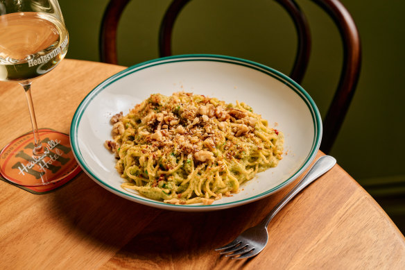 Broccoli spaghetti with chilli, walnut and parmesan is one of several house-made pasta dishes.