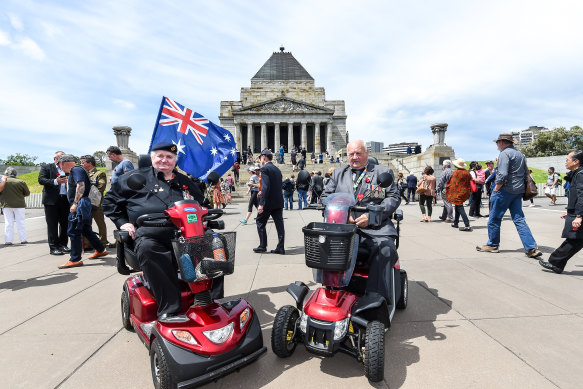 Ron Trevor (left) and Jim Gresty at the Shrine of Remembrance on Monday morning.