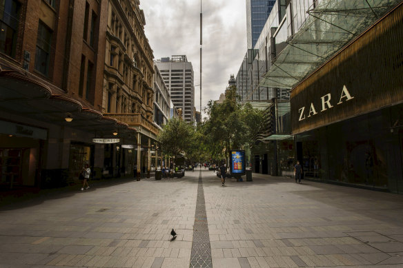 Pitt Street Mall in Sydney’s central business district, where shops are shut during the current lockdown.