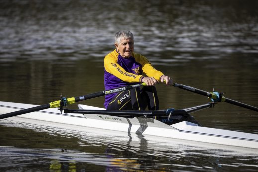 ‘What could be better than this?’: Corio Bay Rowing Club veteran Jeff Sykes on the Barwon River at the weekend.