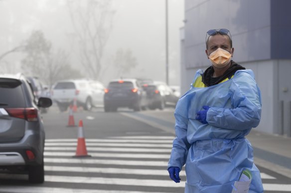 A foggy start to the day at the St Mary’s drive-through COVID-19 testing clinic on Tuesday.