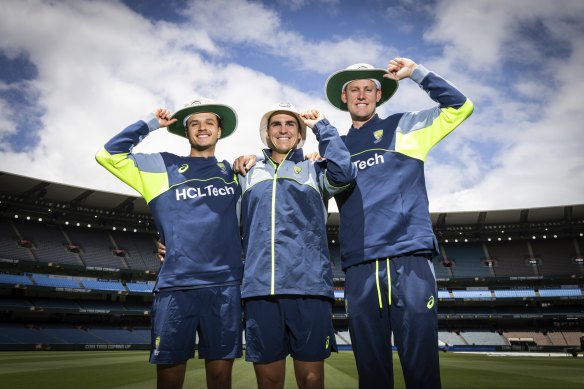 Sam Konstas (left), Sean Abbott and Beau Webster pose for a photo before the MCG Test.