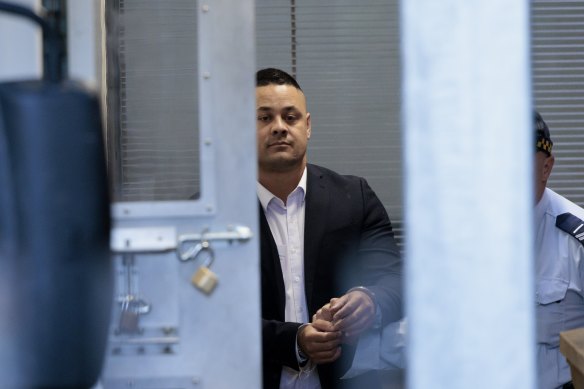 Jarryd Hayne is taken into custody after his bail was revoked on Friday. 