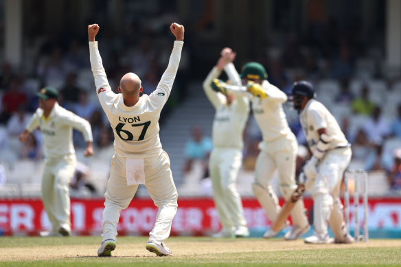 Elation for Nathan Lyon and the Australians after the dismissal of Mohammed Siraj.