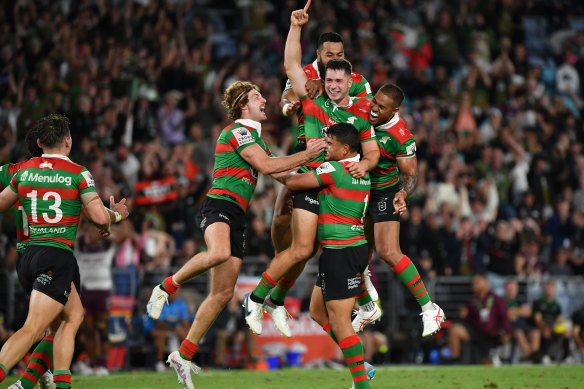 The Rabbitohs celebrate Lachlan Ilias’ match-winning field goal.