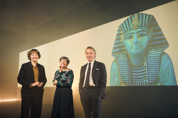 NGV director Tony Ellwood (right) with senior curators Amanda Dunsmore (centre) and Dr Miranda Wallace.