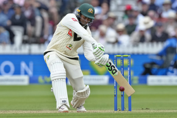 Usman Khawaja hits a boundary during the third day of the second Ashes Test match at Lord’s.