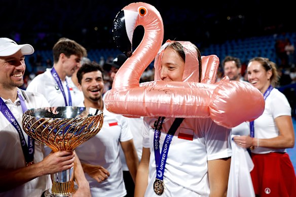 Iga Swiatek celebrates Poland’s United Cup victory.