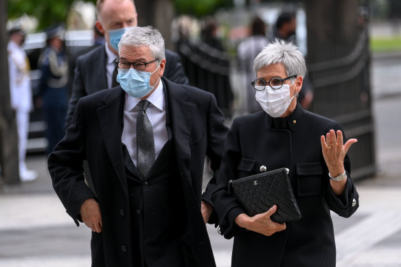 Victoria Governor Linda Dessau and husband Anthony Howard at the funeral on Tuesday.