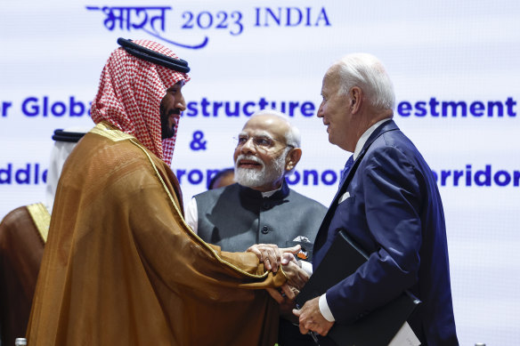 Saudi Arabian Crown Prince Mohammed bin Salman Al Saud, US President Joe Biden, and Indian Prime Minister Narendra Modi.