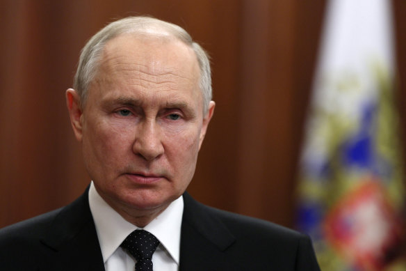 Russian President Vladimir Putin gives a televised address in Moscow.