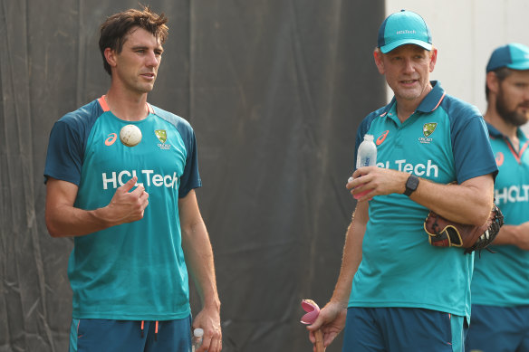 Australian captain Pat Cummins and coach Andrew McDonald at training,