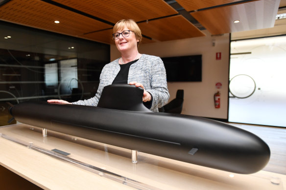 Defence Minister Linda Reynolds during a visit to Naval Group in Adelaide last year. Tensions between Australia and the company have been building in recent weeks over the $90 billion submarine project.