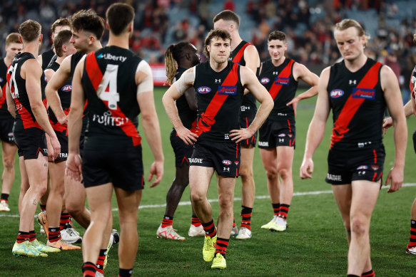 Andrew McGrath of the Bombers looks dejected after their side’s loss against the Magpies.