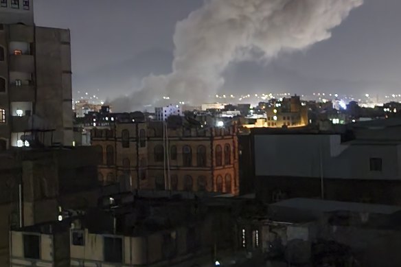 Smoke rises from a location reportedly struck by US airstrikes in Sanaa, Yemen, on March 15.