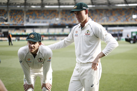 Tim Paine and Marnus Labuschagne at the Gabba.