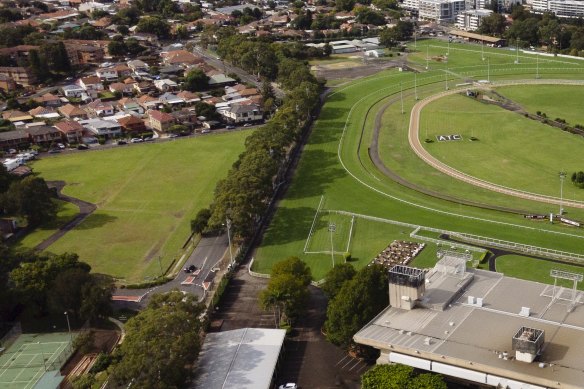 An aerial view of the parking area (left) next to Canterbury Park Racecourse.