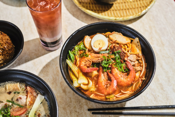 Deeply savoury prawn noodle soup ($16) .