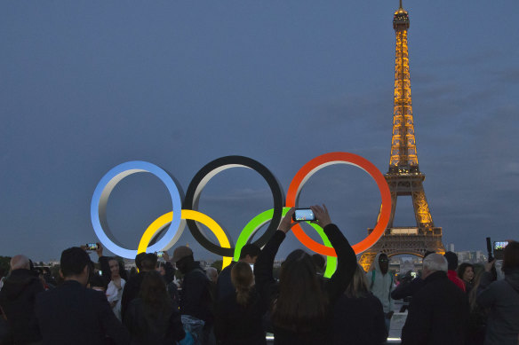 The Olympic rings on Trocadero plaza that overlooks the Eiffel Tower in Paris.
