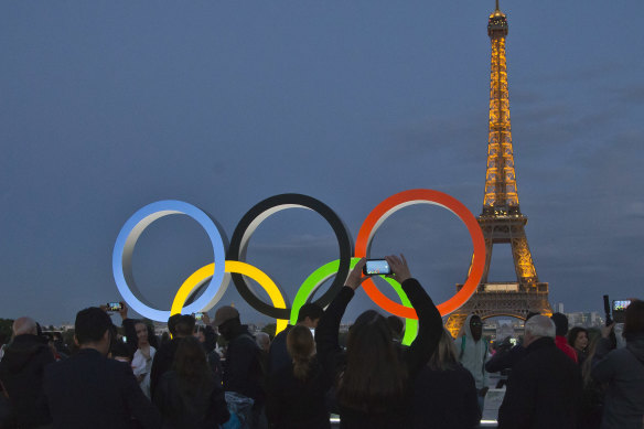 The Olympic rings on Trocadero Plaza that overlooks the Eiffel Tower in Paris.