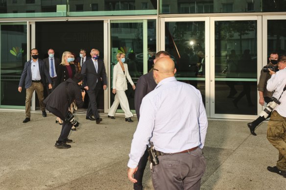 Prime Minister Scott Morrison leaves the press conference at Perth Convention Centre.