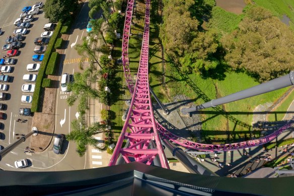 DC Rivals Hypercoaster’s terrifying 60-metre sheer drop.