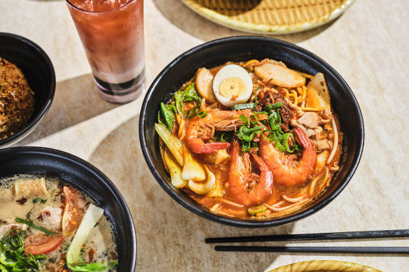 Deeply savoury prawn noodle soup ($16) .