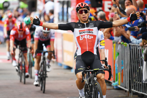 Australian Lotto-Soudal rider Caleb Ewan wins stage four of the Tour Down Under on Friday.