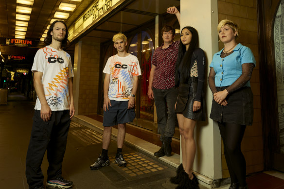 Melbourne Music Week artists (from left) Finn Rees and Allan McConnell from Close Counters, Blake Scott, High Tension's Karina Utomo and Jenny McKechnie from Cable Ties.