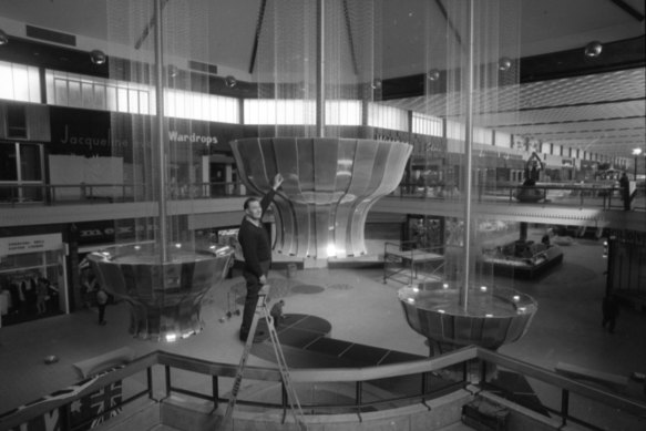 The suspended fountains in the main hall at Doncaster Shoppingtown just before its opening in 1969. 