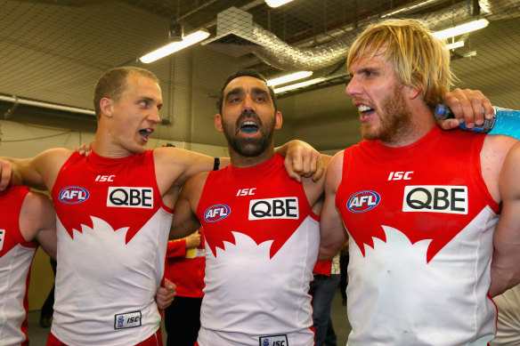 Ted Richards, Adam Goodes and Lewis Roberts-Thomson after the second AFL Preliminary Final in 2012.